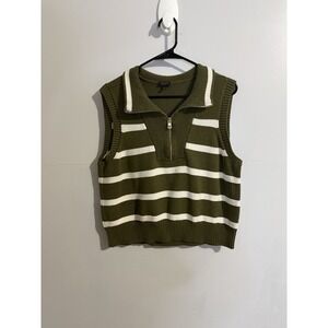 Talbots Sweater Vest Green 1/2 Zip Striped Cotton Blend Cropped Womens Size 1XP